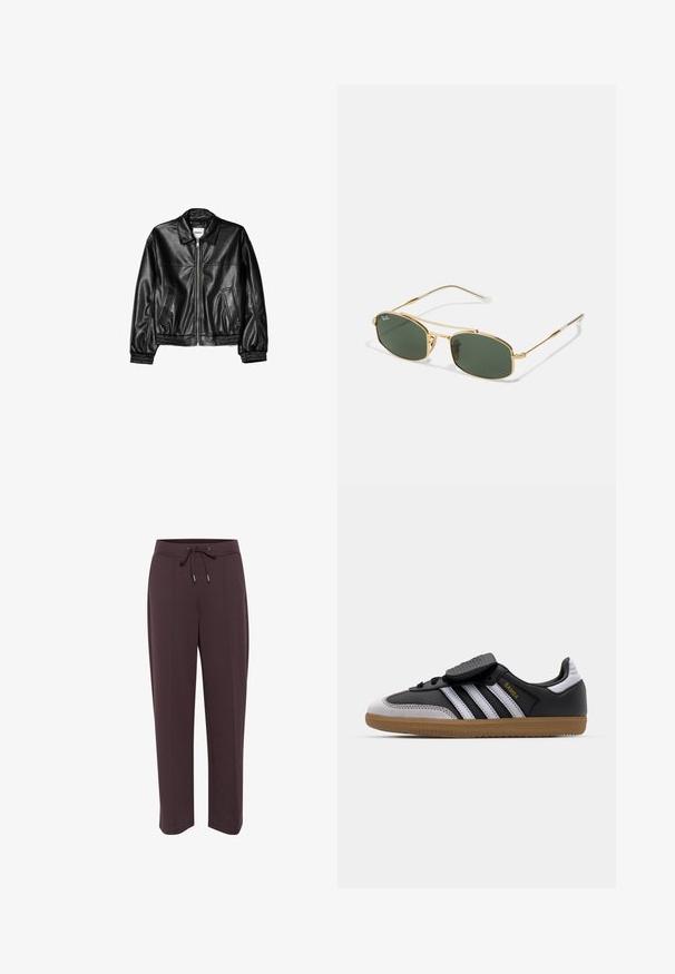 Jachetă din piele neagră, cu fermoar pe față, guler tip punct și manșete elasticizate. Prezentă două buzunare laterale și un finisaj neted, lucios.; Tricou alb cu mânecă scurtă, cu decolteu rotund, confecționat din material din bumbac, având o siluetă ajustată și un etichetă de marcă neagră în interiorul gulerului.; Pantaloni de trening maro închis cu talie ajustabilă, buzunare laterale și croială lejeră. Material moale cu o textură netedă și design cu picioare drepte.; Tenisi din piele neagră și suede gri, cu dungi albe, talpă din cauciuc caramel, șireturi la față și curea Velcro. Prezintă branding-ul "Samba" în aur.; Ochelari de soare din metal aurit cu lentile verzi, având o formă unghiulară și brațe subțiri. Designul include un cadru subțire și o marcaj discret pe lentilă.