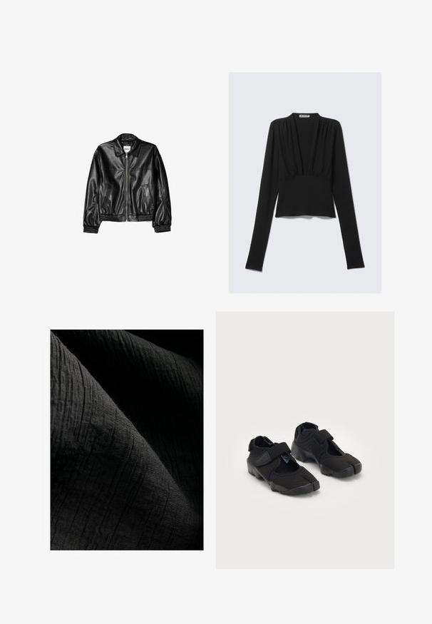 Črna usnjena jakna z zadrgo spredaj, s točkovnim ovratnikom in elastičnimi manšetami. Ima dve stranski žepi in gladko, sijočo površino.; Črn dolg rokav krojen top s globokim V-izrezom in rahlim nabiranjem pod izrezom, položen na svetlem ozadju.; Teksturirana črna tkanina z rahlo rebrastim vzorcem, rahlo odbojna, ki pada v gube, kar povečuje njeno globino in otipno kakovost.; Črne vodne čeveljce, izdelane iz fleksibilnega blaga, z Velcro trakom, ki se ponašajo z edinstvenim dizajnom razdeljenega prsta in teksturirano gumo podplata za boljši oprijem.