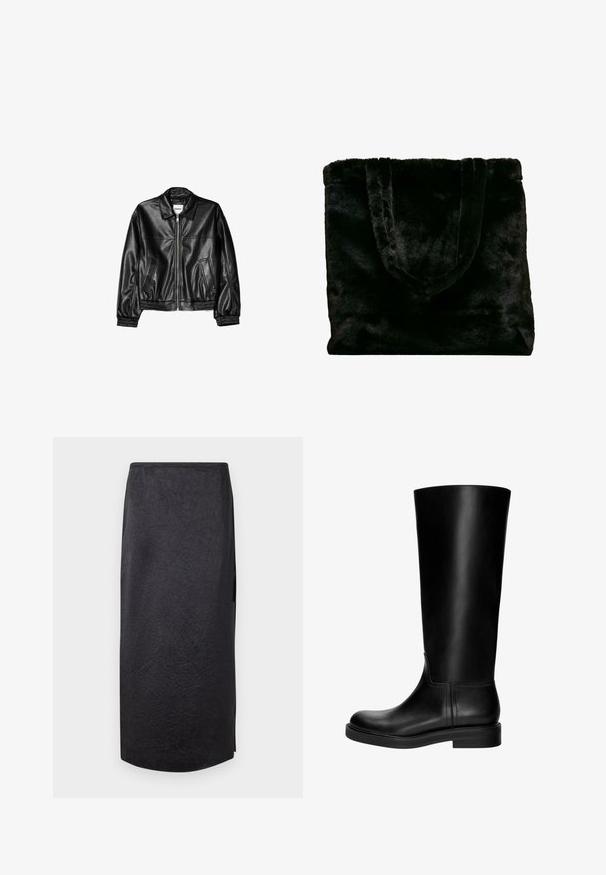Jachetă din piele neagră, cu fermoar pe față, guler tip punct și manșete elasticizate. Prezentă două buzunare laterale și un finisaj neted, lucios.; Tricou negru cu mâneci scurte, realizat din bumbac moale, cu guler rotund și croială regulară, fără modele sau accente vizibile.; Fustă midi neagră cu textură plisată, croi drept și fante pe lateral. Materialul pare ușor. Întreaga este ușor rotunjită.; Botine negre din piele, până la genunchi, cu o textură netedă, vârf rotunjit, design discret și toc mic.; Geantă de tote din blană sintetică neagră cu o textură moale. Dispune de două mânere rezistente și un design cu deschidere de sus, potrivită pentru diverse utilizări.