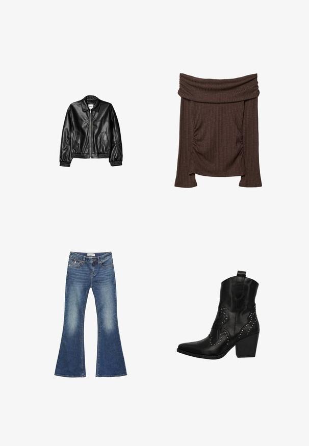 Svart läderjacka med dragkedja framtill, spetsig krage och elastiska ärmslut. Har två sidofickor och en slät, glänsande finish.; Brun ribbad stickad off-shoulder långärmad topp med rynkade sidor och bred vikbar krage.; Jeans i denim med utsvängd ben i medelblått med blekda detaljer. Har en klassisk femficksdesign och kontrasterande sömmar med knäppning.; Svart läder cowboy-inspirerad ankelsko med spetsig tå, dekorerad med sömmar och små metallspikar, samt en kraftig klack.