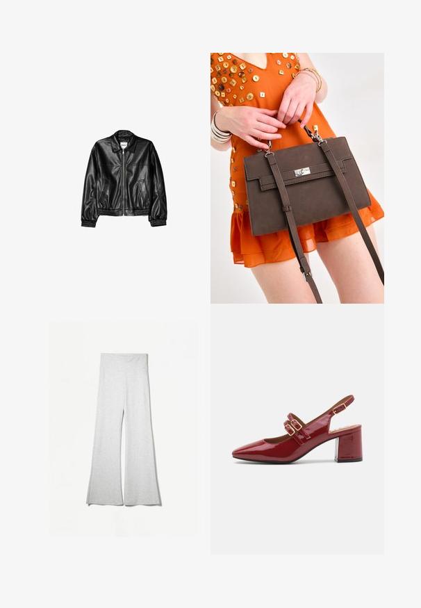 Sort læderjakke med lynlås foran, spids krave og elastiske ærmer. Har to sidelommer og en glat, blank overflade.; Hvid, ribbet bomulds cropped top med korte ærmer og rund halsudskæring, der har et tætsiddende design for en strømlinet silhuet.; Lys grå brede bukser lavet af blødt stof, med en højtalje og sideslidser for ekstra bevægelse og komfort.; Rød patentlæder slingback sko med spids tå, dobbelte spænder foran og en tykk blokkheel. Glat, blank finish.; Brun struktureret håndtaske med et fladt design, sølvfarvet hardware, justerbare stropper og en lås, præsenteret mod et orange outfit.