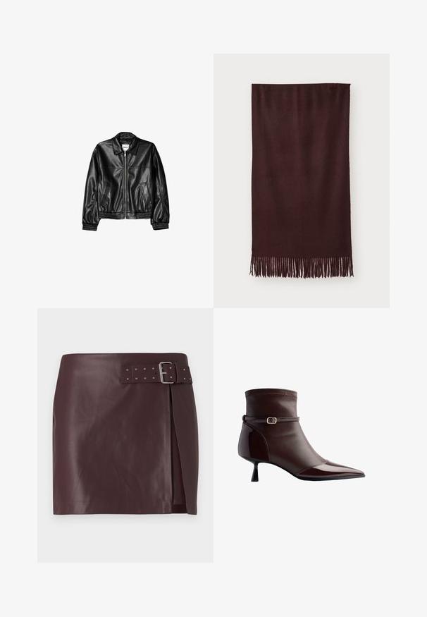 Černá kožená bunda s předním zipem, špičatým límcem a elastickými manžetami. Obsahuje dvě boční kapsy a hladký, lesklý povrch.; Černý zkrácený top s dlouhými, přiléhavými rukávy a výstřhem off-the-shoulder, vyrobený z jemné a hladké tkaniny. Jednoduchý a přiléhavý design.; Burgundská sukně z umělé kůže s opaskem a kovovou sponou, s bočním rozparkem a hladkým, lesklým povrchem.; Hnědé kožené kotníkové boty s špičatou špičkou, malým podpatkem a tenkým páskem se zlatou přezkou kolem kotníku.; Bordový šál vyrobený z měkké tkaniny, s hladkou texturou a dlouhými třásněmi na okraji pro zvýšení detailu. Obdélníkový tvar, splývá rovně.; Pepe Jeans GRACEY - Kabelka - burgundy red