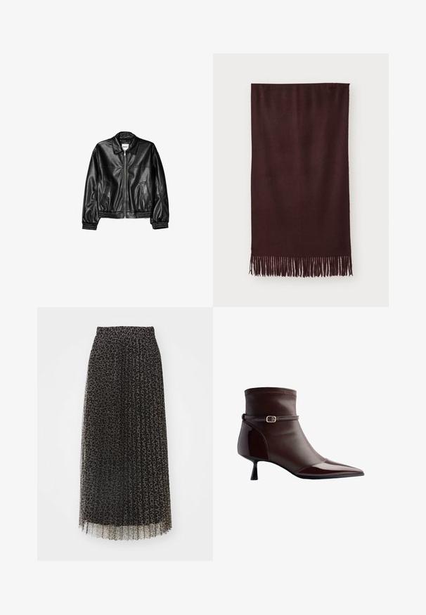 Mustat nahkatakki, jossa on vetoketjulukko edessä, kärkipolvi ja elastisoidut hihansuut. Ominaisuuksiin kuuluu kaksi sivutaskua ja sileä, kiiltävä pinta.; Mustapaita, jossa on pitkät, tiukat hihat ja olkapäiltä avoin kaula-aukko, valmistettu pehmeästä ja sileästä kankaasta. Yksinkertainen ja vartaloa myötäilevä muotoilu.; Maxi-hame, jossa on musta tülli, ja leopardi-kuvio. Hameessa on joustava vyötärö ja puoliläpinäkyvä rakenne.; Ruskohvid pruun nahk, millel on terav varvas, väike kitsas konts ja õhiku peal peen nööp kuldse klambriga. ; Burgundy huivi, joka on valmistettu pehmeästä kankaasta. Huivissa on sileä pinta ja pitkät hapsut reunoissa lisätyylin vuoksi. Suorakulmainen muoto, laskeutuu tasaisesti.; Pepe Jeans GRACEY - Käsilaukku - burgundy red