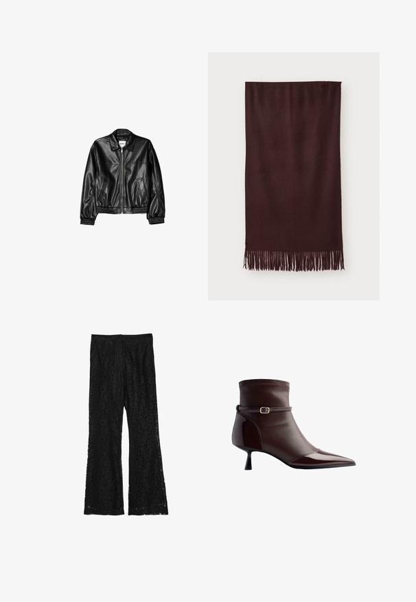 Schwarze Lederjacke mit Reißverschluss vorne, Punktkragen und elastischen Bündchen. Verfügt über zwei seitliche Taschen und eine glatte, glänzende Oberfläche.; Schwarzes Cropped Top mit langen, eng anliegenden Ärmeln und einem schulterfreien Ausschnitt, hergestellt aus weichem, glattem Stoff. Schlichtes und figurbetontes Design.; Calliope Stoffhose - ultrablack; Braune Lederstiefelette mit spitzer Zehe, kleinem Kittenheel und einem dünnen Riemen mit einer kleinen goldenen Schnalle um den Knöchel.; Bordeauxfarbener Schal aus weichem Stoff, mit glatter Textur und langen Fransen am Saum für zusätzliche Details. Rechteckige Form, liegt flach.; Pepe Jeans GRACEY - Handtasche - burgundy red