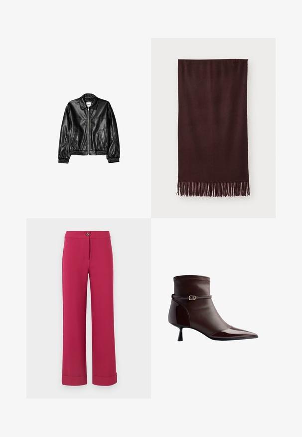 Crna kožna jakna s prednjim patentnim zatvaračem, oštrim ovratnikom i elastičnim manžetama. Ima dva bočna džepa i glatku, sjajnu površinu.; Crni kratki top s dugim, prilagođenim rukavima i dekolteom s ramena, izrađen od meke, glatke tkanine. Jednostavan i tijelu prianjajući dizajn.; Fuksija široke hlače s glatkom teksturom, koje imaju prednje kopčanje na dugme i preklopne manžete na rubu.; Smeđa kožna čizme do članaka s šiljastim prstom, malom kitten petom i tankim remenom s malim zlatnim kopčanjem oko članka.; Bordo šal od mekog materijala, s glatkom teksturom i dugim resicama na rubu za dodatne detalje. Pravokutnog oblika, lijepo pada.; Pepe Jeans GRACEY - Ručna torba - burgundy red