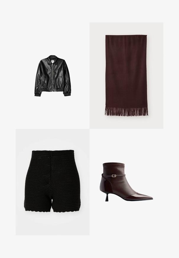 Černá kožená bunda s předním zipem, špičatým límcem a elastickými manžetami. Obsahuje dvě boční kapsy a hladký, lesklý povrch.; Černý zkrácený top s dlouhými, přiléhavými rukávy a výstřhem off-the-shoulder, vyrobený z jemné a hladké tkaniny. Jednoduchý a přiléhavý design.; Černé háčkované šortky s ribbovanou texturou, vysokým páskem a zvlněným lemem. Navrženy pro přiléhavý siluetu a prodyšný materiál.; Hnědé kožené kotníkové boty s špičatou špičkou, malým podpatkem a tenkým páskem se zlatou přezkou kolem kotníku.; Bordový šál vyrobený z měkké tkaniny, s hladkou texturou a dlouhými třásněmi na okraji pro zvýšení detailu. Obdélníkový tvar, splývá rovně.; Pepe Jeans GRACEY - Kabelka - burgundy red