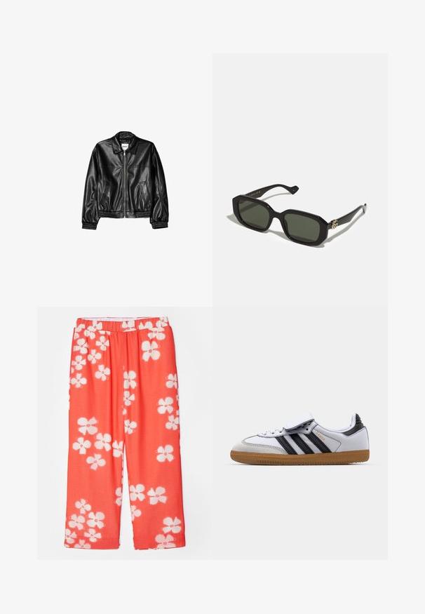 Czarna skórzana kurtka z zamkiem z przodu, kołnierzykiem typu point i elastycznymi mankietami. Posiada dwie boczne kieszenie oraz gładkie, błyszczące wykończenie.; Prosta, biała koszulka wykonana z bawełny, z okrągłym dekoltem, krótkimi rękawami i luźnym krojem. Gładka faktura, bez wzorów czy akcentów.; Czerwone spodnie w kwiatowy wzór wykonane z lekkiej, teksturowanej tkaniny. Posiadają elastyczny pas i szeroki, prosty krój nogawek.; Białe skórzane sneakersy z czarnymi paskami i szarymi akcentami, z zaokrąglonym czubkiem i gumową podeszwą. Zapięcie na rzep oraz sznurowanie.; Czarne prostokątne okulary przeciwsłoneczne z jednolitymi zielonymi soczewkami, z połyskującym wykończeniem i złotym logo po boku.
