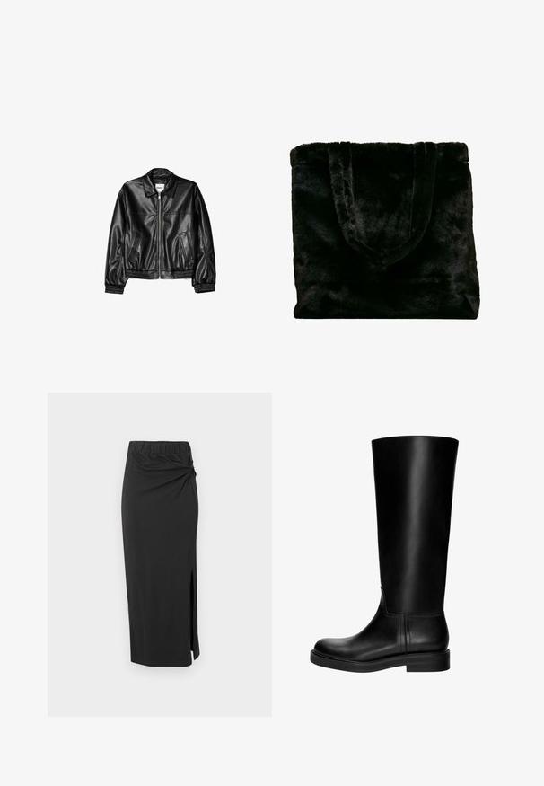 Černá kožená bunda s předním zipem, špičatým límcem a elastickými manžetami. Obsahuje dvě boční kapsy a hladký, lesklý povrch.; Dlouhý rukáv s límcem, s černo-bílým zebrovým vzorem na průhledné látce. Ruchové akcenty na výstřihu a rukávech.; Černá sukně střední délky vyrobená z měkké látky. Má elastický pás, detail v oblasti boků ve tvaru twist a boční rozparek. Celkově hladká textura.; Černá kožená vysoká bota s hladkým povrchem, zaoblenou špičkou, decentním designem a nízkým blokovým podpatkem. Žádné viditelné kovové prvky ani vzory.; Černá taška z umělé kožešiny s měkkou texturou. Obsahuje dva pevné uši a otevřený vršek, vhodná pro různé použití.