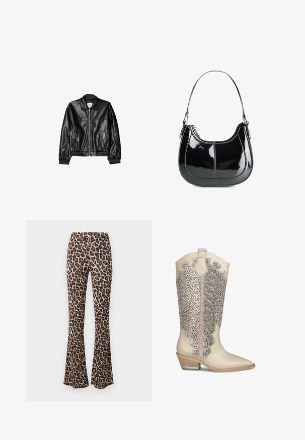 Schwarze Lederjacke mit Reißverschluss vorne, Punktkragen und elastischen Bündchen. Verfügt über zwei seitliche Taschen und eine glatte, glänzende Oberfläche.; Weißes, geripptes Tanktop mit Rundhalsausschnitt und breiten Trägern. Weiche Stofftextur und genähte Säume. Einfaches, enganliegendes Design.; Leopardenmuster Schlaghosen in Tan und Schwarz, aus weichem Stoff mit einer glatten Textur, mit einer taillierten Taille und einem ausgestellten Saum.; Beige Cowboy-Stiefel mit spitzem Schuhblatt, verziert mit silbernen Strasssteinen und gewelltem Detail an der Oberseite; gestapelter Holzabsatz.; Schwarze Handtasche aus lackiertem Leder mit geschwungenem Design, Reißverschluss und einem einzelnen Schulterriemen, der mit silberfarbenen Beschlägen und Akzenten in der Naht versehen ist.