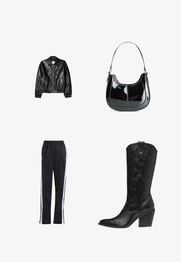 Veste en cuir noire avec fermeture éclair sur le devant, col pointu et poignets élastiques. Dispose de deux poches latérales et d'une finition lisse et brillante.; Débardeur blanc côtelé avec un décolleté en rond et des bretelles larges. Texture de tissu douce et ourlets cousus. Design simple et ajusté.; Pantalons de jogging noirs avec des rayures latérales blanches, taille élastique et un patch logo. Fabriqués en tissu lisse et léger. Design à jambe droite.; Bottine de cowboy en cuir noir avec un bout pointu, un talon haut et des coutures décoratives en motif d'éclairs le long de la tige.; Sac à main en cuir verni noir avec un design courbé, fermeture zippée et une seule bandoulière avec des quincailleries en ton argent et des accents de couture.