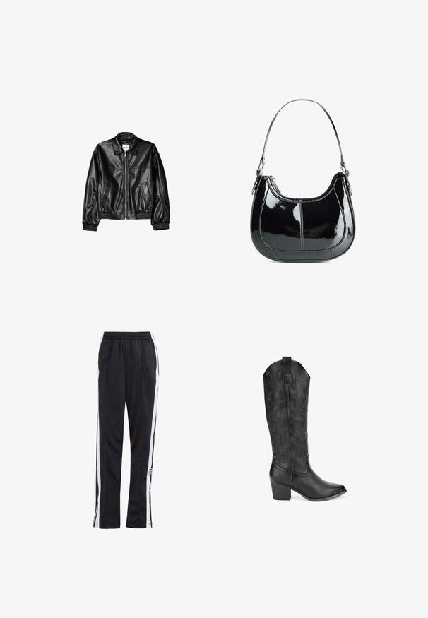 Veste en cuir noire avec fermeture éclair sur le devant, col pointu et poignets élastiques. Dispose de deux poches latérales et d'une finition lisse et brillante.; Débardeur blanc côtelé avec un décolleté en rond et des bretelles larges. Texture de tissu douce et ourlets cousus. Design simple et ajusté.; Pantalons de jogging noirs avec des rayures latérales blanches, taille élastique et un patch logo. Fabriqués en tissu lisse et léger. Design à jambe droite.; Bottine de cow-boy en cuir noir avec un embout pointu, un talon bloc de hauteur moyenne et un motif floral en relief sur la tige. Onglet de tirage vertical inclus.; Sac à main en cuir verni noir avec un design courbé, fermeture zippée et une seule bandoulière avec des quincailleries en ton argent et des accents de couture.