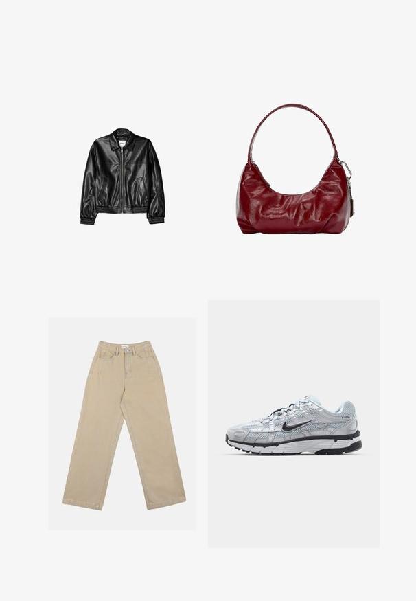 Crna kožna jakna s prednjim patentnim zatvaračem, oštrim ovratnikom i elastičnim manžetama. Ima dva bočna džepa i glatku, sjajnu površinu.; Bijela rebrasta majica na bretelama s okruglim izrezom i širokim trakama. Mekani materijal i šivani rubovi. Jednostavan, usko krojen dizajn.; Bež hlače širokog kroja izrađene od denima, s visokim strukom, prednjim džepovima i kontrastnim šavovima. Dizajn uključuje zatvaranje na dugme.; Nike P-6000 tenisice sa svijetlosivom mrežastom gornjištu, crnim akcentima i izdržljivom crnom gumenom potplatu. Sadrže složen dizajn i sustav vezivanja.; Bordo torba preko ramena napravljena od sjajnog materijala, s zakrivljenim oblikom i nabranom teksturom. Opremljena je kratkom drškom i vidljivim zatvaračem.