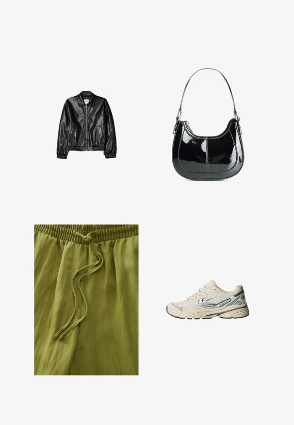 Schwarze Lederjacke mit Reißverschluss vorne, Punktkragen und elastischen Bündchen. Verfügt über zwei seitliche Taschen und eine glatte, glänzende Oberfläche.; Weißes, geripptes Tanktop mit Rundhalsausschnitt und breiten Trägern. Weiche Stofftextur und genähte Säume. Einfaches, enganliegendes Design.; Olivgrüne Hosen aus leichtem Stoff. Mit einem elastischen Bund und Kordelzug. Glatte Textur mit weichem Fall.; Cremefarbener Sportschuh mit einem Obermaterial aus Mesh, silbernen Akzenten und einer strukturierten Gummisohle. Entwickelt für Komfort und Stabilität.; Schwarze Handtasche aus lackiertem Leder mit geschwungenem Design, Reißverschluss und einem einzelnen Schulterriemen, der mit silberfarbenen Beschlägen und Akzenten in der Naht versehen ist.