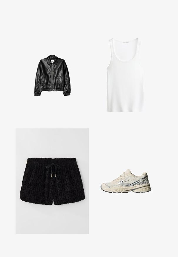 Černá kožená bunda s předním zipem, špičatým límcem a elastickými manžetami. Obsahuje dvě boční kapsy a hladký, lesklý povrch.; Bílý žebrovaný top na ramínka s kulatým výstřihem a širokými ramínky. Měkká textilie a prošívané lemy. Jednoduchý, přiléhavý design.; Černé šortky s sametovou texturou a všude přítomným embosovaným logem Versace, elastickým pasem a odpovídajícím stahovacím provázkem.; Athletická bota krémové barvy s mesh svrškem, stříbrnými detaily a texturovanou gumovou podrážkou. Navržena pro pohodlí a stabilitu.