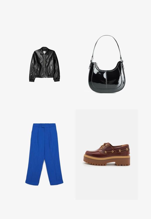 Schwarze Lederjacke mit Reißverschluss vorne, Punktkragen und elastischen Bündchen. Verfügt über zwei seitliche Taschen und eine glatte, glänzende Oberfläche.; Weißes, geripptes Tanktop mit Rundhalsausschnitt und breiten Trägern. Weiche Stofftextur und genähte Säume. Einfaches, enganliegendes Design.; Gep.chunkte blaue Hose aus leichtem Stoff mit gefaltetem Vorderteil, Taillierung mit Gürtelschlaufen und geraden Beinen mit aufgerollten Säumen.; Braune Lederbootsschuhe mit einer massiven braunen Gummisohle, goldenen Ösen und kontrastierenden Nähten. Mit einem Logo an der Seite.; Schwarze Handtasche aus lackiertem Leder mit geschwungenem Design, Reißverschluss und einem einzelnen Schulterriemen, der mit silberfarbenen Beschlägen und Akzenten in der Naht versehen ist.