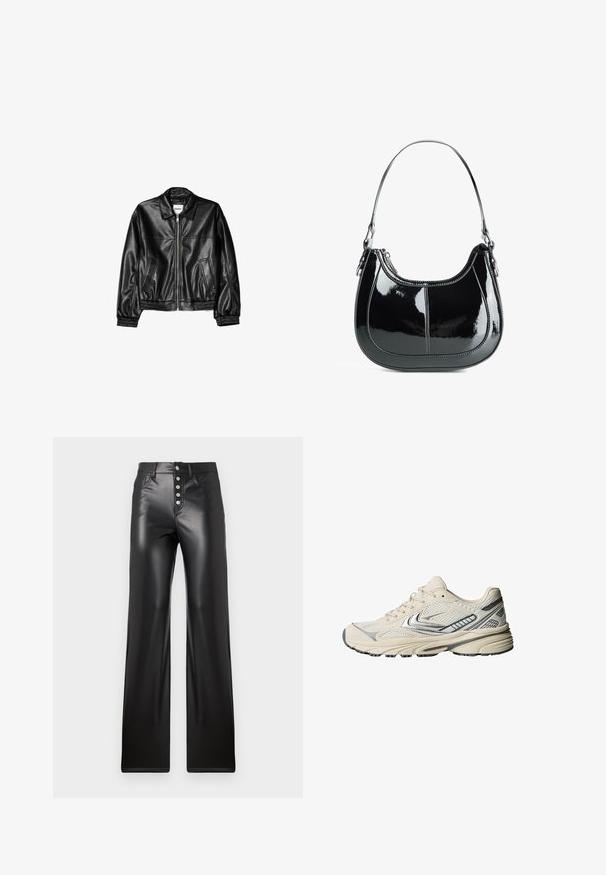 Black leather jacket with a zip front, point collar, and elasticized cuffs. Features two side pockets and a smooth, glossy finish.; White ribbed tank top with a scoop neckline and wide straps. Soft fabric texture and stitched hems. Simple, fitted design.; ONLY ONLSMOOTH - Trousers - black; Cream-colored athletic shoe with a mesh upper, silver accents, and a textured rubber sole. Designed for comfort and stability.; Black patent leather handbag with a curved design, zip closure, and a single shoulder strap featuring silver-tone hardware and stitching accents.