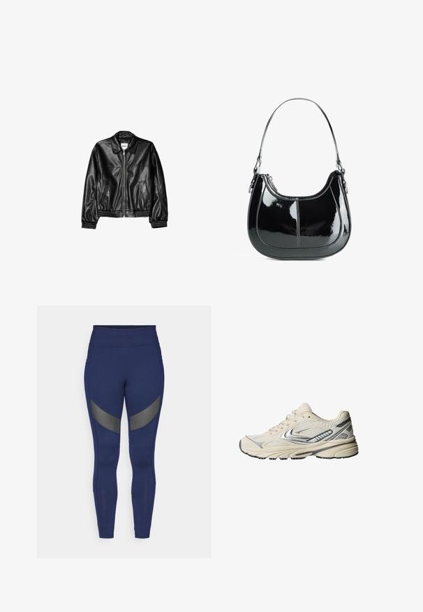 Svart läderjacka med dragkedja framtill, spetsig krage och elastiska ärmslut. Har två sidofickor och en slät, glänsande finish.; Vitt ribbat linne med rundad halsringning och breda axelband. Mjuk tygstruktur och sydda fållar. Enkelt, figursytt mönster.; Marinblå leggings i stretchmaterial med grå accentpaneler och hög midja. Designade för aktivt bruk.; Kremfärgad sportskor med meshtyg överdel, silverdetaljer och en strukturerad gummisula. Designad för komfort och stabilitet.; Svart lackläderhandväska med en böjd design, dragkedjestängning och ett enda axelband med detaljer i silverfärgade metall och sömnadsaccenter.