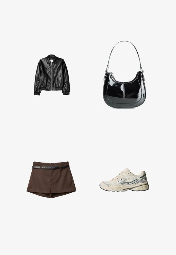 Zwarte leren jas met een ritssluiting aan de voorkant, puntkraag en elastische mouwen. Bevat twee zijzakken en heeft een gladde, glanzende afwerking.; Witte geribbelde tanktop met een ronde halslijn en brede bandjes. Zachte stoftextuur en gestikte randen. Eenvoudig, getailleerd ontwerp.; Bruine op maat gemaakte shorts met een slanke zwarte riem door de lussen geregen, weergegeven op een witte achtergrond.; Roomkleurige sportschoen met een bovenwerk van mesh, zilverkleurige accenten, en een gestructureerde rubberen zool. Ontworpen voor comfort en stabiliteit.; Zwarte gepatineerde leren handtas met een gebogen ontwerp, ritssluiting en een enkele schouderriem met zilverkleurige hardware en stikselaccenten.