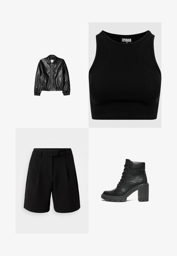 Černá kožená bunda s předním zipem, špičatým límcem a elastickými manžetami. Obsahuje dvě boční kapsy a hladký, lesklý povrch.; Černý žebrovaný cropped top s kulatým výstřihem a bez rukávů. Vyroben z pružné, texturované látky. Etiketa nese nápis "Urban Classics."; Černé uzpůsobené šortky vyrobené z hladkého materiálu, s vysokým pasem, sklady, poutky na pásek a bočními kapsami, s čistým designem.; Černé kožené kotníkové boty s masivním podpatkem, šněrovacím designem a texturovanou gumovou podrážkou; na boku mají malé embosované logo.