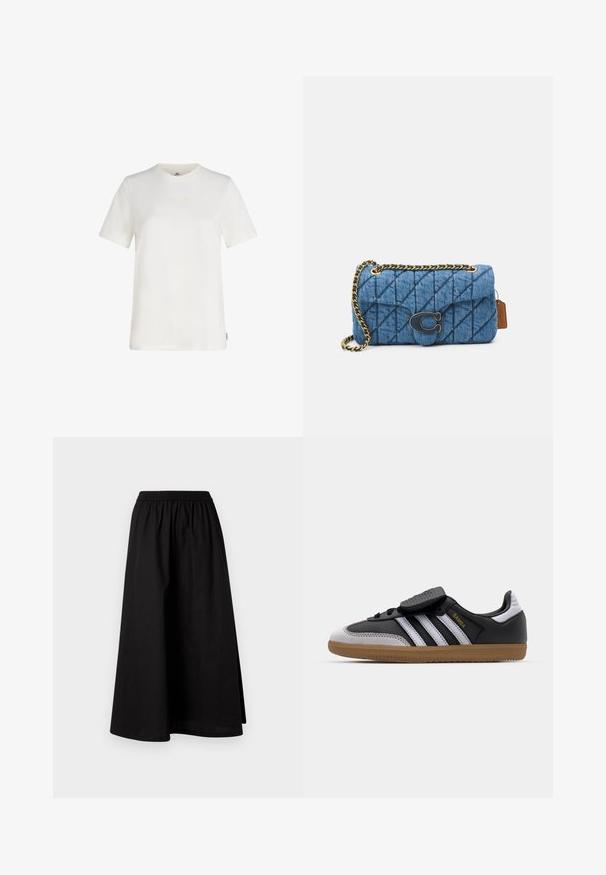Čierna kožená bunda s predným zipsom, špicatým golierom a elastickými manžetami. Obsahuje dva bočné vrecká a hladký, lesklý povrch.; Biele tričko s krátkym rukávom vyrobené z bavlny, s jemne vyšívaným logom na hrudi, okrúhlym výstrihom a voľným strihom.; Čierna sukňa po kolená vyrobená z ľahkého materiálu s elastickým pásom a uvoľneným A-liniovým strihom. Neobsahuje žiadne viditeľné vzory.; Čierne kožené a šedé semišové tenisky s bielymi pruhmi, gumovou podrážkou, šnurovaním vpredu a suchým zipsom. Obsahujú zlaté označenie "Samba".; Modrá prešívaná denníková taška na rameno so zlatým reťazovým popruhom a výrazným zlatým logom na prednej strane. Kompaktný obdĺžnikový tvar.