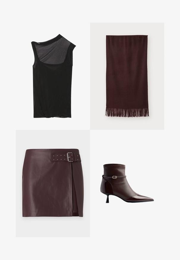Crna kožna jakna s prednjim patentnim zatvaračem, oštrim ovratnikom i elastičnim manžetama. Ima dva bočna džepa i glatku, sjajnu površinu.; Crni mrežasti bezrukavni top s asimetričnim dekolteom, mekom teksturom i drapiranim detaljem na rubu. Lagana i prozračna tkanina.; Bordo umjetna kožna suknja s pojasom i metalnom kopčom, s bočnim prorezom i glatkom, poliranom teksturom.; Smeđa kožna čizme do članaka s šiljastim prstom, malom kitten petom i tankim remenom s malim zlatnim kopčanjem oko članka.; Bordo šal od mekog materijala, s glatkom teksturom i dugim resicama na rubu za dodatne detalje. Pravokutnog oblika, lijepo pada.