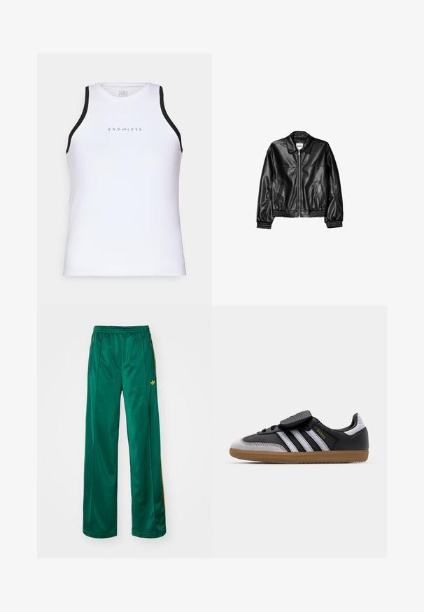 Schwarze Lederjacke mit Reißverschluss vorne, Punktkragen und elastischen Bündchen. Verfügt über zwei seitliche Taschen und eine glatte, glänzende Oberfläche.; Endless ESSENTIAL - Top - white; Grüne satinierte Sporthosen mit entspannter Passform, mit gelben Streifenakzenten und einem gestickten Logo auf der linken Seite. Elastischer Bund.; Schwarze Leder- und graue Wildleder-Sneaker mit weißen Streifen, Gummisohle, Schnürung vorne und Klettverschluss. Mit "Samba"-Markenlogo in Gold.