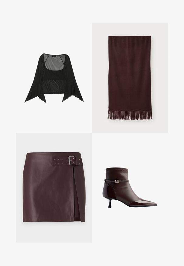 Schwarze Lederjacke mit Reißverschluss vorne, Punktkragen und elastischen Bündchen. Verfügt über zwei seitliche Taschen und eine glatte, glänzende Oberfläche.; Schwarze Netzbluse mit quadratischem Ausschnitt, gerafftem Vorderteil und weiten Glockenärmel. Leicht und transparent im gesamten Material.; Bordeauxfarbene Kunstlederrock mit tailliertem Bund und metallischem Schnallenverschluss, seitlichem Schlitz und glatter, polierter Textur.; Braune Lederstiefelette mit spitzer Zehe, kleinem Kittenheel und einem dünnen Riemen mit einer kleinen goldenen Schnalle um den Knöchel.; Bordeauxfarbener Schal aus weichem Stoff, mit glatter Textur und langen Fransen am Saum für zusätzliche Details. Rechteckige Form, liegt flach.; Pepe Jeans GRACEY - Handtasche - burgundy red