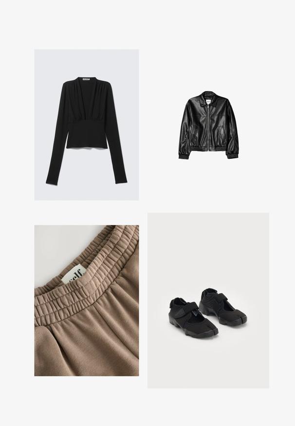 Jachetă din piele neagră, cu fermoar pe față, guler tip punct și manșete elasticizate. Prezentă două buzunare laterale și un finisaj neted, lucios.; Top croppat negru cu mâneci lungi, decolteu adânc în formă de V și câteva cute subtile sub decolteu, așezat plat pe un fundal deschis.; Bază elasty căptușită de culoare maro cu textură strânsă, eticheta atașată având inscripția "self" și un material moale cu o suprafață netedă și o nuanță neutră.; Ciorapi de apă negri, confecționați dintr-un material flexibil, cu o curea Velcro, având un design unic cu degetul mare despărțit și o talpă din cauciuc texturată pentru aderență.