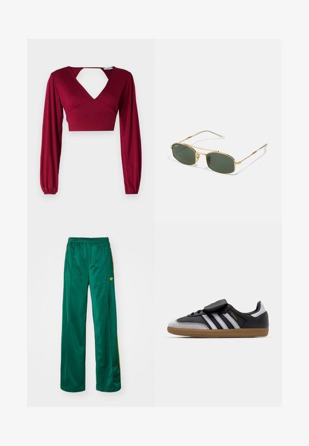 Schwarze Lederjacke mit Reißverschluss vorne, Punktkragen und elastischen Bündchen. Verfügt über zwei seitliche Taschen und eine glatte, glänzende Oberfläche.; Burgunderfarbener Cropped-Top mit langen Ärmeln und tiefem V-Ausschnitt. Mit einem ausgeschnittenen Rücken und gerafften Details an den Schultern. Glatte Textur.; Grüne satinierte Sporthosen mit entspannter Passform, mit gelben Streifenakzenten und einem gestickten Logo auf der linken Seite. Elastischer Bund.; Schwarze Leder- und graue Wildleder-Sneaker mit weißen Streifen, Gummisohle, Schnürung vorne und Klettverschluss. Mit "Samba"-Markenlogo in Gold.; Goldene Metallsonnenbrille mit grünen Gläsern, die eine kantige Form und schlanke Bügel aufweist. Das Design umfasst ein dünnes Gestell und dezente Markierung auf dem Glas.; Runde, weiße Perlenohrringe mit einer glatten, glänzenden Oberfläche. Sie haben ein klassisches, einfaches Design ohne zusätzliche Akzente oder Beschläge.