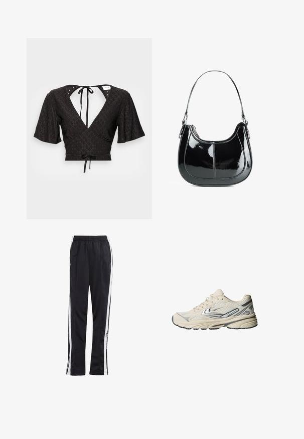 Fekete bőrkabát, elöl cipzárral, hegyes gallérral és rugalmas mandzsettákkal. Két oldalsó zsebbel rendelkezik, sima, fényes felülettel.; Fekete rövid fazonú blúz, rövid puffadt ujakkal, mély V-nyakkal és hátsó megkötő zsinórral. Az anyag textúrás mintával és kivágásokkal rendelkezik.; Fekete sportnadrág fehér oldalcsíkokkal, rugalmas derékkal és logópárral. Simább, könnyű anyagból készült. Egyenes szárú kialakítás.; Krém színű sportcipő hálós felsőrésszel, ezüst díszítésekkel és texturált gumitalppal. Kényelmet és stabilitást biztosít.; Fekete lakk bőr kézitáska ívelt kialakítással, cipzáras záródással és egyetlen vállpánttal, ezüstszínű fémrészletekkel és varrási díszítéssel.