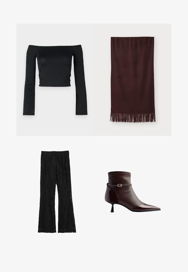 Schwarze Lederjacke mit Reißverschluss vorne, Punktkragen und elastischen Bündchen. Verfügt über zwei seitliche Taschen und eine glatte, glänzende Oberfläche.; Schwarzes Cropped Top mit langen, eng anliegenden Ärmeln und einem schulterfreien Ausschnitt, hergestellt aus weichem, glattem Stoff. Schlichtes und figurbetontes Design.; Calliope Stoffhose - ultrablack; Braune Lederstiefelette mit spitzer Zehe, kleinem Kittenheel und einem dünnen Riemen mit einer kleinen goldenen Schnalle um den Knöchel.; Bordeauxfarbener Schal aus weichem Stoff, mit glatter Textur und langen Fransen am Saum für zusätzliche Details. Rechteckige Form, liegt flach.; Pepe Jeans GRACEY - Handtasche - burgundy red