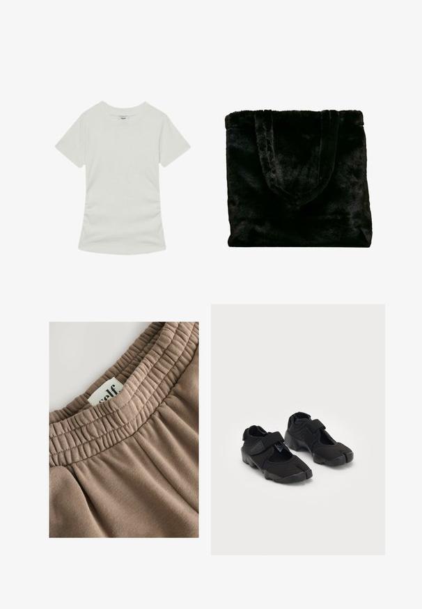 Czarna skórzana kurtka z zamkiem z przodu, kołnierzykiem typu point i elastycznymi mankietami. Posiada dwie boczne kieszenie oraz gładkie, błyszczące wykończenie.; Reiss - T-shirt basic; Brązowy elastyczny pasek w talii z marszczonym teksturem, przymocowana etykieta z napisem "self" oraz miękka tkanina o gładkiej powierzchni i neutralnym odcieniu.; Czarne buty wodne wykonane z elastycznego materiału z zapięciem na rzep, charakteryzujące się unikalnym podziałem palców oraz teksturowaną gumową podeszwą zapewniającą przyczepność.; Czarna torba tote z sztucznego futra o miękkiej teksturze. Posiada dwa mocne uchwyty i otwarty design, odpowiednia do różnych zastosowań.