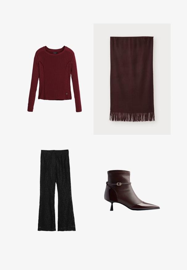 Black leather jacket with a zip front, point collar, and elasticized cuffs. Features two side pockets and a smooth, glossy finish.; Red long-sleeve sweater made of textured knit fabric, featuring a round neckline and subtle side accents, with a logo detail at the hem.; Calliope Trousers - ultrablack; Brown leather ankle boot with pointed toe, small kitten heel, and a thin strap with a small gold buckle around the ankle.; Maroon scarf made of soft fabric, featuring a smooth texture and long fringes at the hem for added detail. Rectangular shape, drapes flat.; Pepe Jeans GRACEY - Handbag - burgundy red