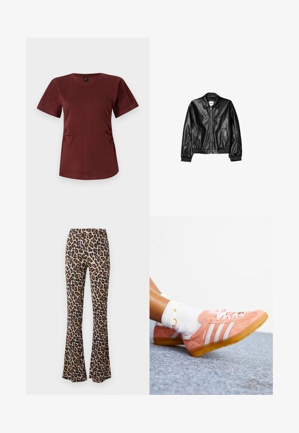 Čierna kožená bunda s predným zipsom, špicatým golierom a elastickými manžetami. Obsahuje dva bočné vrecká a hladký, lesklý povrch.; Bordová polovičná rukávová tričko vyrobené z jemnej bavlny. Má okrúhly výstrih a subtílne bočné nariasenia pre pridanie tvaru. Hladká textúra.; Džínsy s leopardím vzorom v béžovej a čiernej farbe, vyrobené z mäkkej tkaniny s hladkou textúrou, s priliehavým pásom a rozšíreným lemom.; Ružové semišové tenisky s bielymi pruhmi, úzky tvar a textúrovaná špička. Priehľadná gumová podrážka so slabým žltkastým nádychom.