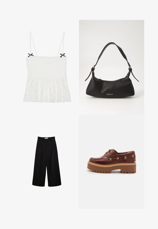 Schwarze Lederjacke mit Reißverschluss vorne, Punktkragen und elastischen Bündchen. Verfügt über zwei seitliche Taschen und eine glatte, glänzende Oberfläche.; Weiße Spitzen-Camisole mit dünnen Trägern, die schwarze Schleifen an den Schultern und einen ausgestellten Saum für ein feminines Design aufweist.; Schwarze weite Hosen mit hoher Taille, gefaltetem Vorderteil und Knopfverschluss. Aus glattem Stoff mit maßgeschneidertem Design.; Braune Lederbootsschuhe mit einer massiven braunen Gummisohle, goldenen Ösen und kontrastierenden Nähten. Mit einem Logo an der Seite.; Schwarze Lederhandtasche mit glatter Textur, geschwungenem Design und kurzem, verstellbarem Tragegurt; verfügt über ein silbernes Logo auf der Vorderseite.