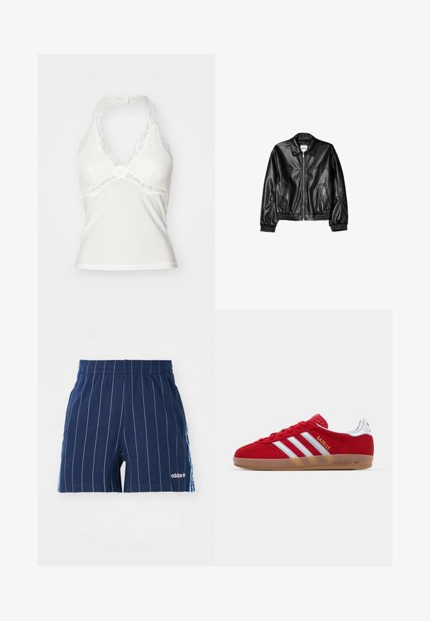Črna usnjena jakna z zadrgo spredaj, s točkovnim ovratnikom in elastičnimi manšetami. Ima dve stranski žepi in gladko, sijočo površino.; Bela halter majica z čipkastim robom ob vratu, mehkim materialom in rahlo oblazinjenimi skodelicami ter prilegajočim, gladkim silhuetam.; Temno modri kratki hlače z belimi črtami, elastičnim pasom in Adidasovim logotipom. Imajo modre poudarke ob straneh in so narejene iz mešanice bombaža.; Rdeči semišniki z belo tridoločeno zasnovo in zlatim besedilom "Gazelle". Imajo gumo podplat in texturiran petni del.