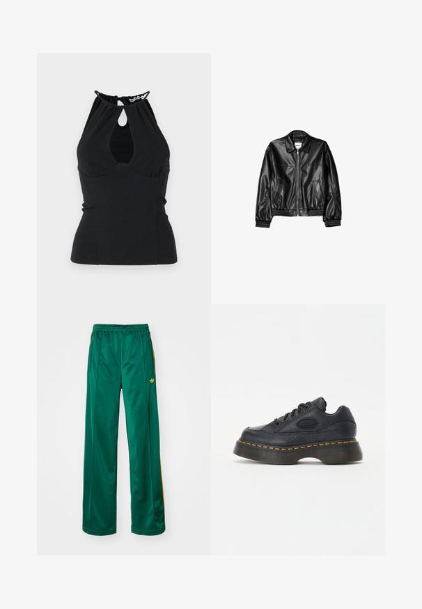Črna usnjena jakna z zadrgo spredaj, s točkovnim ovratnikom in elastičnimi manšetami. Ima dve stranski žepi in gladko, sijočo površino.; Črna halter majica z izrezom v obliki ključavnice na vratu, z nabranim materialom na hrbtnem delu in prilagojeno zasnovo. Narejena iz gladkega materiala.; Zelene satenske atletske hlače z udobnim krojem, ki vključujejo rumene stripe in vezeno logo na levi strani. Elastičen pas.; Črne usnjene superge z teksturiranim zaključkom, okroglo konico in debelim podplatnim sole. Imajo rumene akcentne šive in blagovno znamko ob strani.