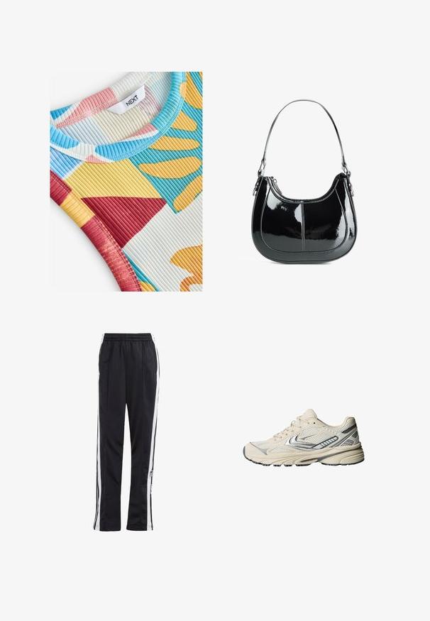 Jachetă din piele neagră, cu fermoar pe față, guler tip punct și manșete elasticizate. Prezentă două buzunare laterale și un finisaj neted, lucios.; Next REGULAR FIT - RACER TANK SLEEVELESS - Top - blue yellow; Pantaloni de trening negri cu dungi laterale albe, talie elastică și patch cu logo. Confecționați dintr-un material neted, ușor. Design cu picior drept.; Pantof sport de culoare crem cu partea superioară din plasă, accente argintii și talpă din cauciuc texturată. Proiectat pentru confort și stabilitate.; Geantă din piele lacuită neagră, cu un design curbat, închidere cu fermoar și un singur mâner pentru umăr, având detalii din metal argintiu și accente de coasere.