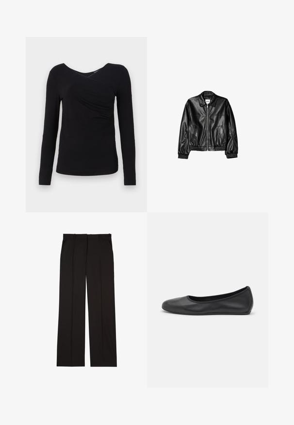 Černá kožená bunda s předním zipem, špičatým límcem a elastickými manžetami. Obsahuje dvě boční kapsy a hladký, lesklý povrch.; Černý top s dlouhými rukávy a V-výstřihem, s drapovaným detailem na přední straně, vyrobený z měkké tkaniny. Hladký povrch a přiléhavý silueta.; Černé elegantní kalhoty na míru vyrobené z hladké látky, s rovnými nohavicemi a dvěma postranními kapsami. Elegantní a minimalistická konstrukce.; Černé kožené baletní byty s kulatou špičkou, hladkou texturou, minimálními švy a flexibilním designem podrážky.