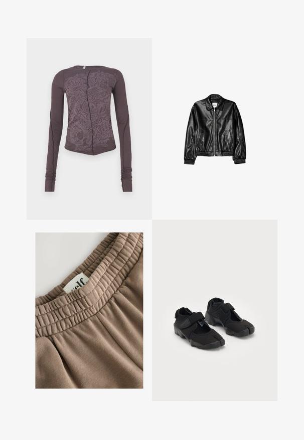 Mustat nahkatakki, jossa on vetoketjulukko edessä, kärkipolvi ja elastisoidut hihansuut. Ominaisuuksiin kuuluu kaksi sivutaskua ja sileä, kiiltävä pinta.; Pitkähihaisen tummanvioletin paidan, jossa on sävyton lohikäärme graafikka, kapea istuvuus, pyöreä pääntie ja kerätty hihansuu.; Ruskea joustava vyötärö, jossa on kerätty pinta, liitetty etiketti "itse" ja pehmeä kangas, joka on sileäpintainen ja neutraali sävy.; Mustat vesikengät, jotka on valmistettu joustavasta kankaasta ja joissa on tarranauha, erottuva halkaistun varpaan muotoilu sekä teksturoitu kumipohja pitävää otetta varten.