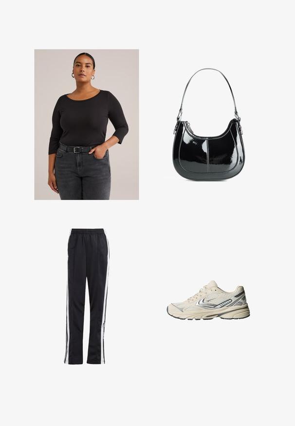 Fekete bőrkabát, elöl cipzárral, hegyes gallérral és rugalmas mandzsettákkal. Két oldalsó zsebbel rendelkezik, sima, fényes felülettel.; Sötét hajú nő, akinek haja hátra van fogva, ezüst fülbevalót visel, fekete, háromnegyedes ujjú pólót és magas derekú szürke farmert visel fekete övvel.; Fekete sportnadrág fehér oldalcsíkokkal, rugalmas derékkal és logópárral. Simább, könnyű anyagból készült. Egyenes szárú kialakítás.; Krém színű sportcipő hálós felsőrésszel, ezüst díszítésekkel és texturált gumitalppal. Kényelmet és stabilitást biztosít.; Fekete lakk bőr kézitáska ívelt kialakítással, cipzáras záródással és egyetlen vállpánttal, ezüstszínű fémrészletekkel és varrási díszítéssel.