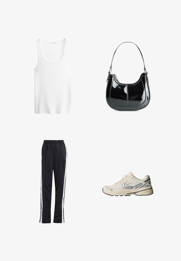Giubbotto in pelle nera con chiusura a zip sul davanti, colletto a punta e polsini elastici. Presenta due tasche laterali e una finitura liscia e lucida.; Top tank bianco a costine con scollatura a barco e spalline larghe. Tessuto morbido e orli cuciti. Design semplice e aderente.; Pantaloni sportivi neri con strisce laterali bianche, cinturino elastico e patch con logo. Realizzati in tessuto morbido e leggero. Design a gamba dritta.; Scarpa sportiva color crema con tomaia in mesh, dettagli argentati e suola in gomma strutturata. Progettata per comfort e stabilità.; Borsa a mano in pelle verniciata nera, con design curvo, chiusura con zip e un solo manico a spalla caratterizzato da hardware e cuciture in tono argento.