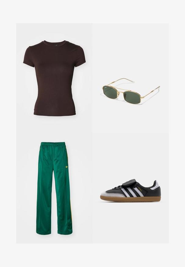 Schwarze Lederjacke mit Reißverschluss vorne, Punktkragen und elastischen Bündchen. Verfügt über zwei seitliche Taschen und eine glatte, glänzende Oberfläche.; Braunes T-Shirt mit kurzen Ärmeln und rundem Halsausschnitt, aus einem glatten, leichten Stoff gefertigt, mit figurbetonter Form und ohne sichtbare Muster.; Grüne satinierte Sporthosen mit entspannter Passform, mit gelben Streifenakzenten und einem gestickten Logo auf der linken Seite. Elastischer Bund.; Schwarze Leder- und graue Wildleder-Sneaker mit weißen Streifen, Gummisohle, Schnürung vorne und Klettverschluss. Mit "Samba"-Markenlogo in Gold.; Goldene Metallsonnenbrille mit grünen Gläsern, die eine kantige Form und schlanke Bügel aufweist. Das Design umfasst ein dünnes Gestell und dezente Markierung auf dem Glas.