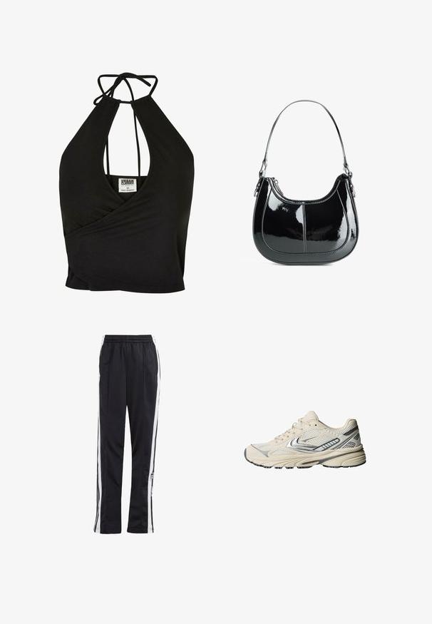 Sort læderjakke med lynlås foran, spids krave og elastiske ærmer. Har to sidelommer og en glat, blank overflade.; Sort halterneck crop top lavet af blødt materiale, med en dyb V-hals og indviklet design. Knyttes bagpå for en justerbar pasform.; Sorte træningsbukser med hvide sidelister, elastisk talje og et logo-patch. Fremstillet af glat, letvægtsstof. Lige ben design.; Kremfarvet sportssko med en mesh-overdel, sølvfarvede detaljer og en tekstureret gummisål. Designet til komfort og stabilitet.; Sort patent læder håndtaske med en buet design, lynlåslukning og en enkelt skulderrem med sølvfarvet hardware og syninger som accents.