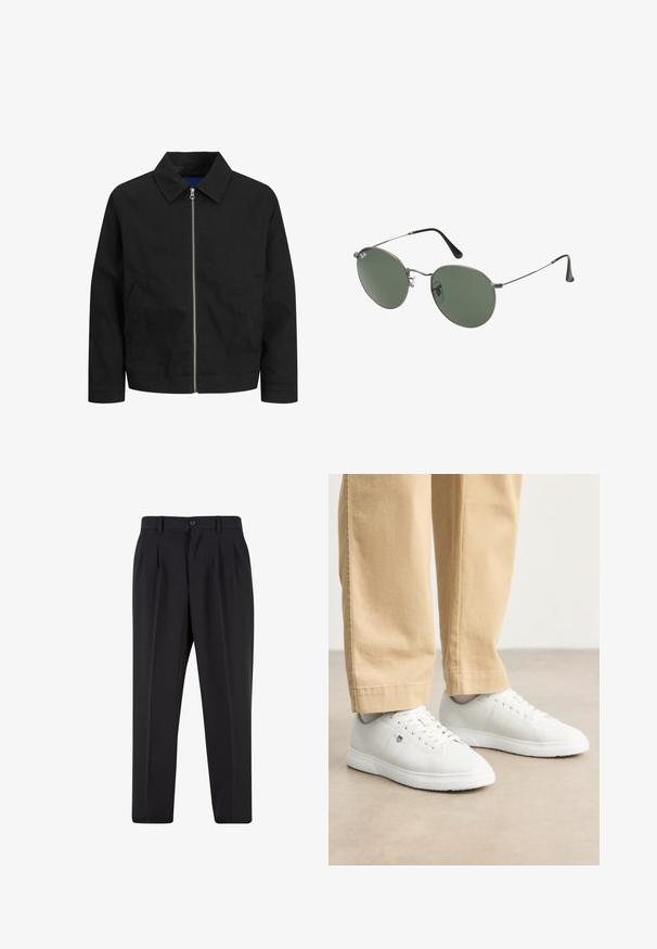 Schwarze Jacke aus leichtem Stoff mit Kragen, Frontreißverschluss und zwei seitlichen Taschen. Einfaches Design mit geradem Schnitt.; Weiße Baumwoll-T-Shirt mit kurzen Ärmeln, rundem Ausschnitt, lockerer Passform und ohne sichtbare Logos oder Muster. Glatte Textur und minimalistisches Design.; Schwarze Hose mit plissiertem Vorderdesign, aus glattem Stoff gefertigt. Mit Knopfverschluss und Gürtelschlaufen; gerade Passform.; Weiße Ledersneaker mit glatter Oberfläche, runde Zehenpartie, Schnürdesign und dezente Logo-Details an der Seite, kombiniert mit beigen Hosen.; Metallgestellte Sonnenbrille mit ovalen grünen Gläsern. Dünner silberner Metallrahmen und schwarze Ohrstücke. Minimalistisches Design, keine sichtbaren Logos.