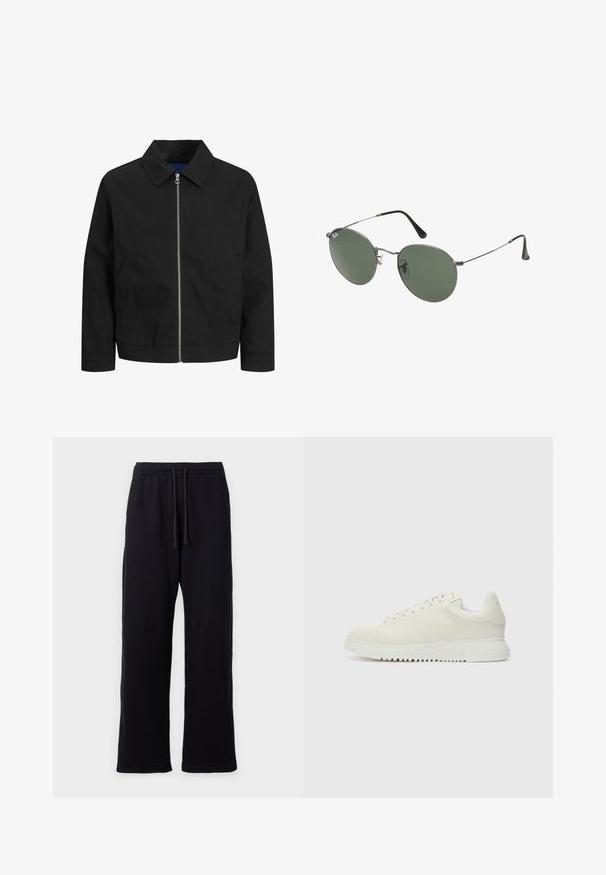 Juodas švarkas, pagamintas iš lengvos medžiagos, su apykakle, priekiniais užtrauktukais ir dviem šoninėmis kišenėmis. Paprastas dizainas su tiesiu siluetu.; Balta medvilninė marškinėlių užsagėlė su trumpomis rankovėmis, apvaliu kaklu, laisva forma ir be matomų logotipų ar raštų. Lygi tekstūra ir minimalus dizainas.; Juodos treningų kelnės su tiesiu siuvimu, pasižyminčios elastingu liemeniu ir reguliuojama raišteliu. Minkšta, tekstūruota medžiaga.; Balti odiniai sportbačiai su tekstūruotu paviršiumi, apvaliu nosiu, plokščiu baltu padu ir toninėmis raištelėmis. Diskretiškas prekės ženklas ant liežuvio.; Metaliniai akiniai su ovaliais žaliais lęšiais. Plonas sidabro spalvos metalinis rėmas ir juodi ausų laikikliai. Minimalistinis dizainas, be matomų logotipų.