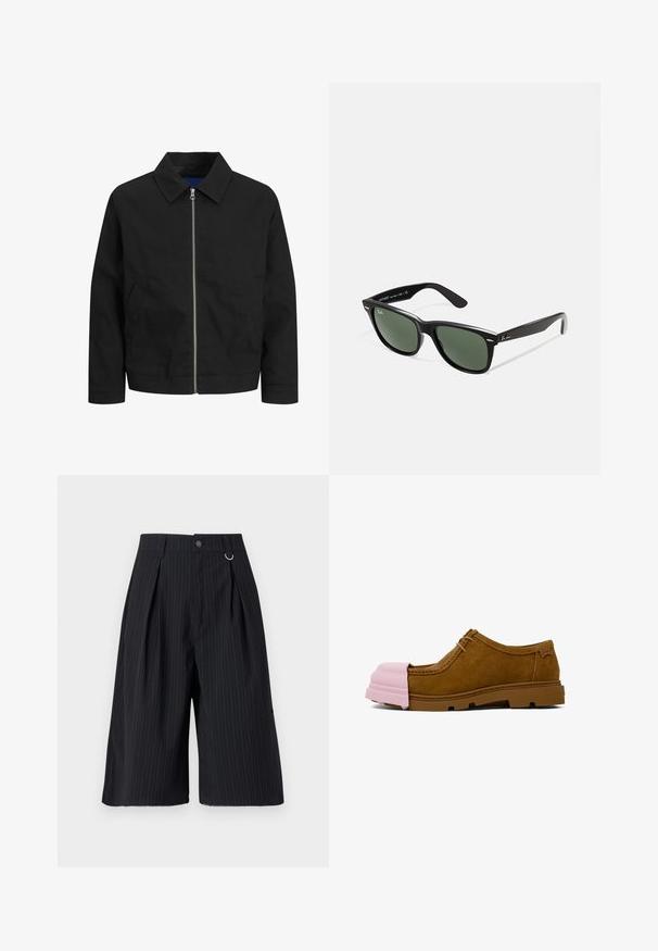 Sort jakke lavet af letvægtsstof, med krave, frontlynlås og to sidelommer. Enkel design med lige snit.; To fitted tanktoppe i sort og hvid. De er lavet af ribbet bomuld og har brede stropper og rund halsudskæring. Branding på kraven.; Sorte stribede shorts med plisseringer, knaplukning og metalringdetalje. Glat stof med en skræddersyet pasform og design i knælængde.; Brune ruskindsko med en pink gummitåspids og brun gummisål. Har snørebånd og et syet design på overlæderet.; Sorte plastiksolkaber med grønne linser, firkantede stel, sølvaccent på brynene og teksturerede templede arme. Angivet mærke på den indre arm.