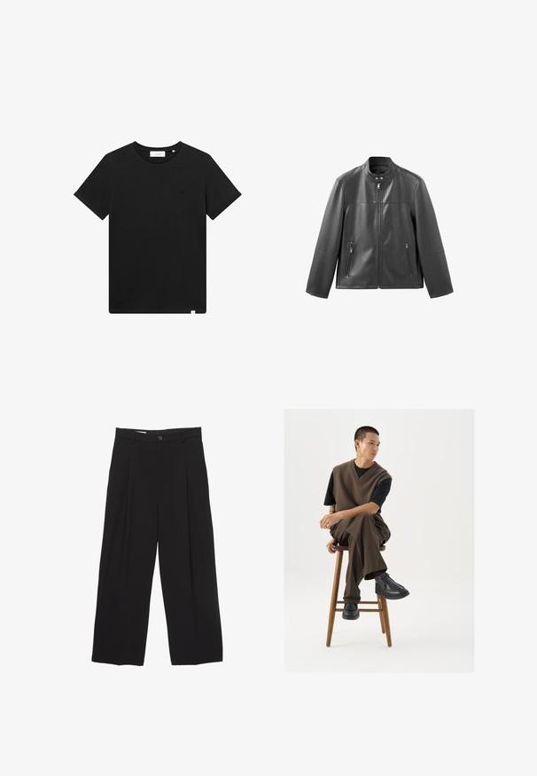 Černá kožená bunda s stojáčkovým límcem, předním zipem a dvěma zipovými bočními kapsami. Vyznačuje se hladkou texturou a přizpůsobeným střihem.; Černé tričko s krátkým rukávem vyrobené z bavlny, s kulatým výstřihem a malým vyšitým logem na hrudi. Hladká textura, standardní střih.; Černé kalhoty širokého střihu vyrobené z hladké látky, s plochým pasem, předními záhyby a jedním knoflíkem na zapínání.; Hnědý pletený svetr přes černé tričko, v kombinaci s hnědými širokými kalhotami a černými masivními botami, sedící na dřevěném stoličce.