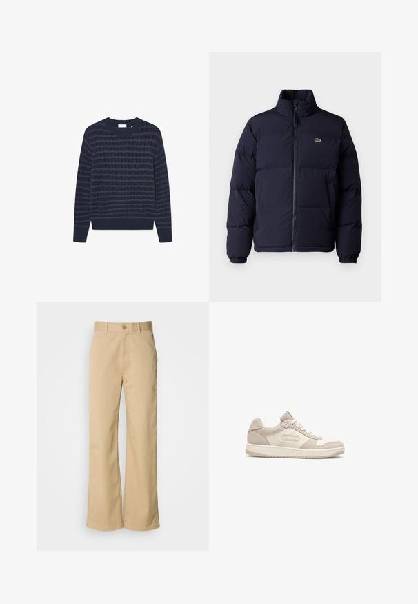 Temno modra puffer jakna z visokim ovratnikom, zadrgo in elastičnimi manšetami. Ima majhen zelen logotip na zgornjem levem prsnem delu.; Mornarsko modra pletena pulover s teksturiranim vzorcem iz izmeničnih horizontalnih črt. Riblje manšete in ovratnik, izdelan iz mehkega materiala.; Béžové široke hlače vyrobené z bavlneného zmesi. Obsahujú zapínanie na gombík a pútka na opasok. Hladká textúra s minimálnymi švovými detailmi.; Les Deux WRIGHT BASKETBALL - Športni copati - white/feather grey