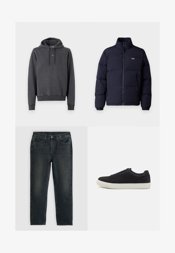 Temno modra puffer jakna z visokim ovratnikom, zadrgo in elastičnimi manšetami. Ima majhen zelen logotip na zgornjem levem prsnem delu.; Kapuca sweatshirt v temno sivi barvi, izdelan iz mešanice mehkega bombaža. Ima kengurujsk žep, rebraste manšete in majhen logotip na prsih.; Temno modri traper hlače z ravnim krojem, opremljene s petimi žepi, zadrgo in kontrastnim šivom. Nežna bledica na tkanini.; Črne semišteniske z zaobljenim nosom, belim gumijastim podplatom, kontrastnimi modrimi vezalkami in gladko teksturo. Minimalistična zasnova brez vidnega logotipa.